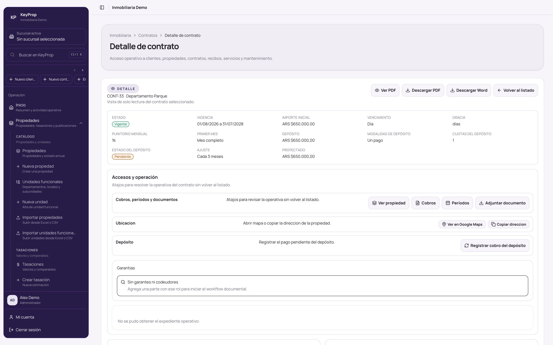 Detalle de contrato de alquiler en KeyProp con cuotas y vencimientos.