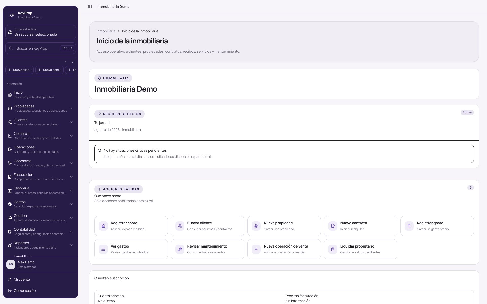 Tablero de KeyProp con vencimientos, cobranzas y tareas de una inmobiliaria.