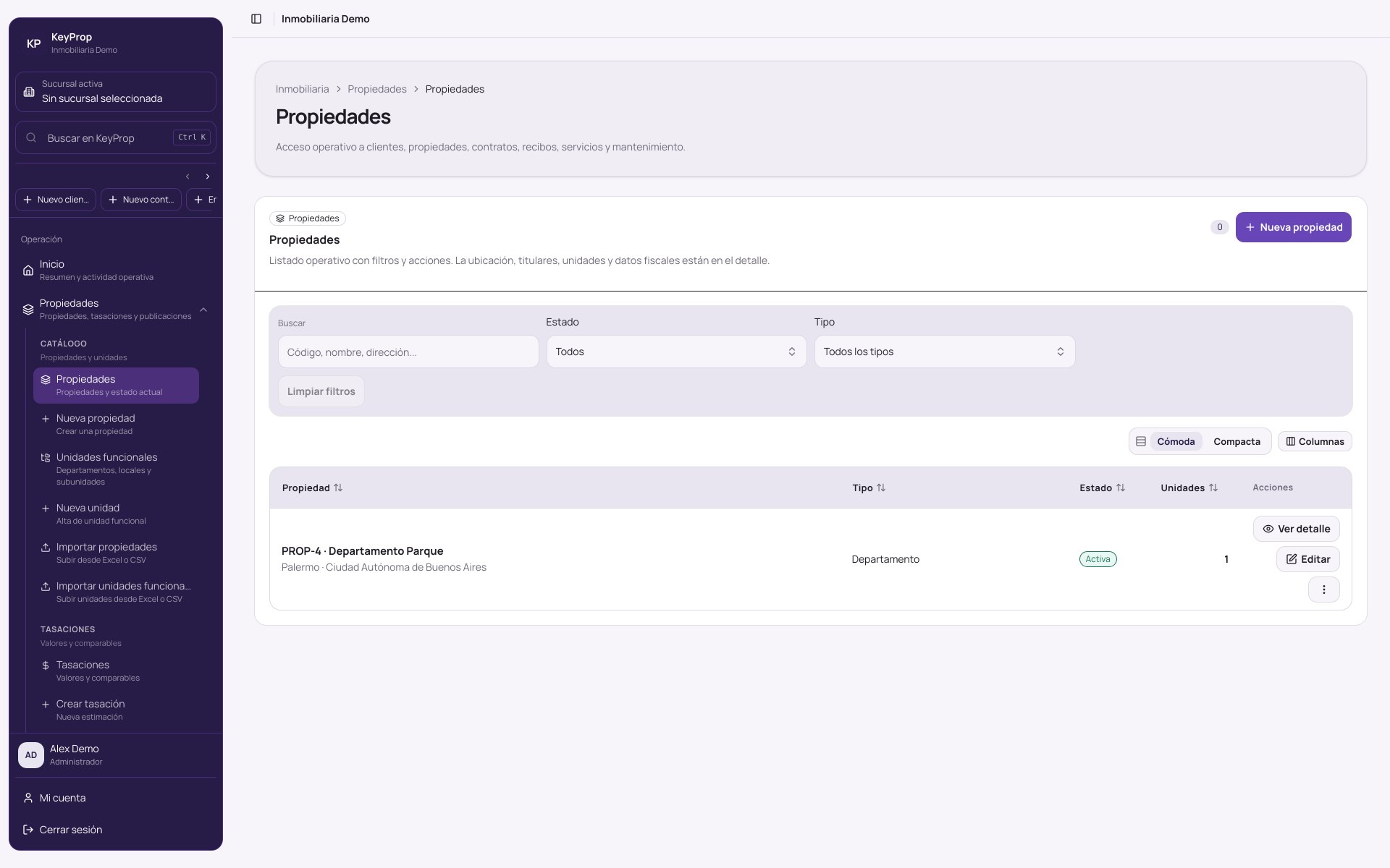 Listado de propiedades de KeyProp con filtros y acciones de gestión.